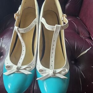 Elegant White and Blue T-Strap Women's Shoes